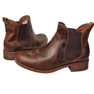UGG Bonham Stout Chelsea Boots Pull On Leather Wool Lining Casual Brown Size 11